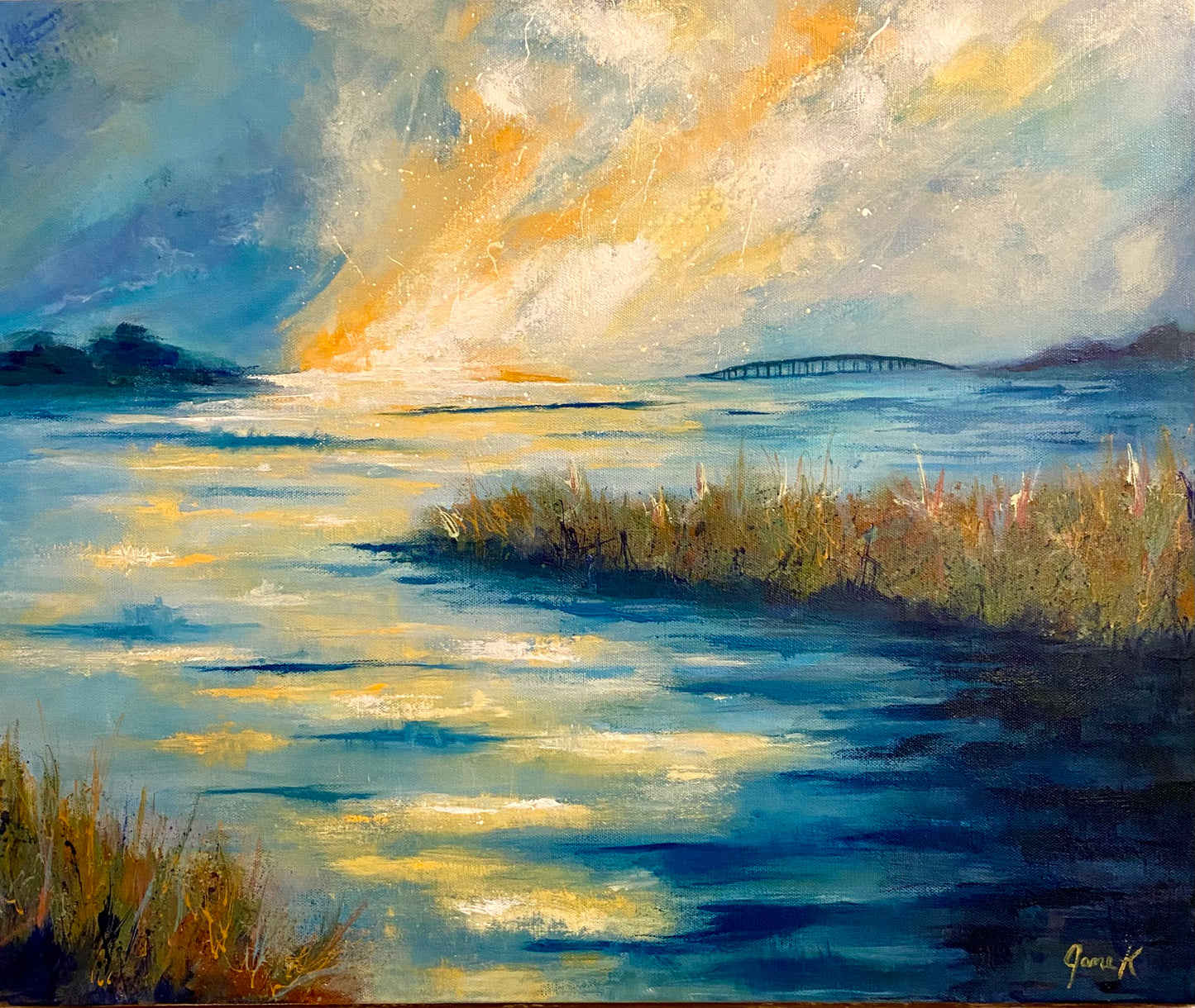 "Sunrise over the Bay" original acrylic and oil painting on canvas
